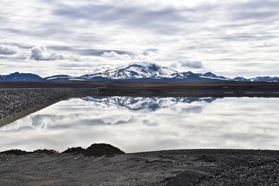 Scenic view of lake and snowcapped mountains against cloudy sky