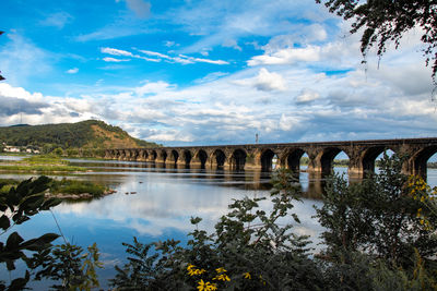 Arch bridge over river against sky