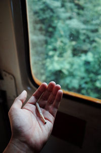 Cropped image of hand holding cigarette in train