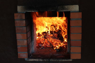 High angle view of fire in wood