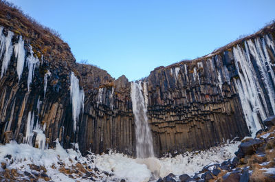 Panoramic shot of icicles on rock formation against clear sky