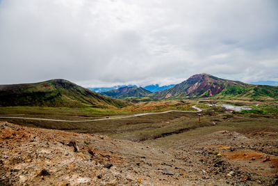 Scenic view on mountains near active aso volcano in kyushu, japan