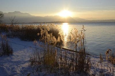 Scenic view of lake against sky during sunset