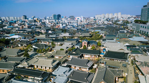 High angle view of cityscape against sky