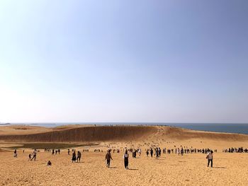 People at beach against clear sky