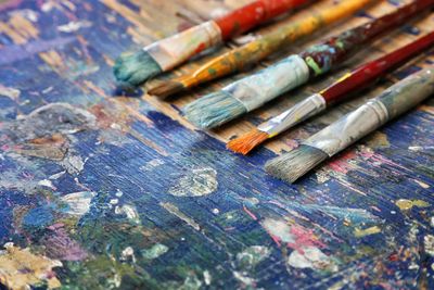 Close-up of paintbrushes on dirty table