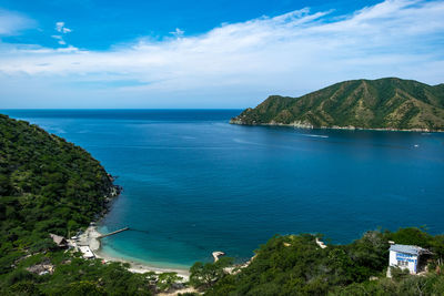 High angle view of sea against blue sky