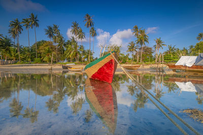 Reflection of palm trees in lake against sky