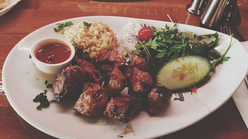 High angle view of food in plate on table