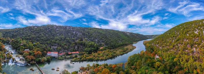 Krka lakes panorama in sunny day with autumn trees and blue skies. 