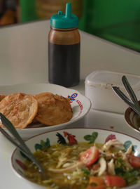 High angle view of food in plate on table