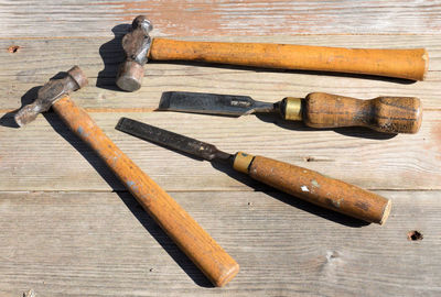 High angle view of hand tools on table