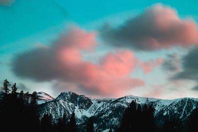 Scenic view of snowcapped mountains against sky during sunset