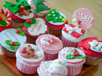 High angle view of cupcakes on table