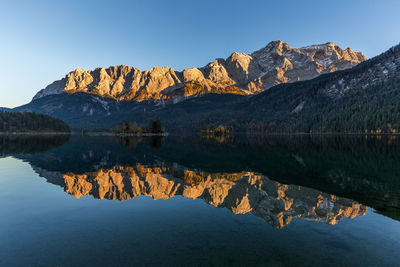 Reflection of mountains in lake against sky
