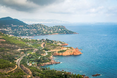 High angle view of bay against sky