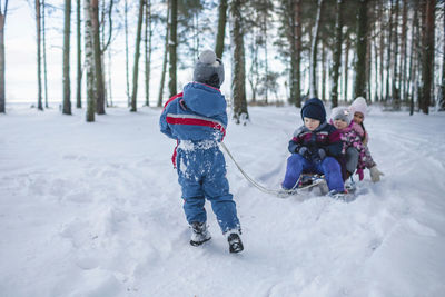 Happy friends have fun in wonderland, boy pulls sledge with sister and brother across winter forest