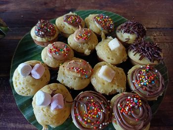 High angle view of cupcakes on table