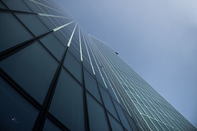 Low angle view of modern glass building against clear sky