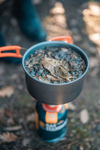 High angle view of ice cream in pot