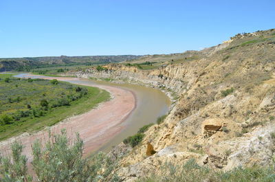 Scenic view of land against clear blue sky