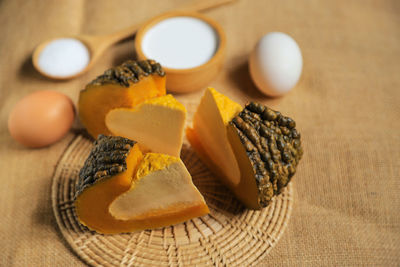 High angle view of dessert on table