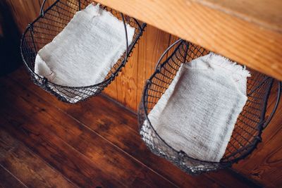 High angle view of shoe on table at home