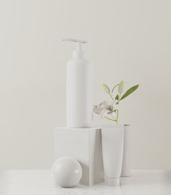 Flower vase on table against white background