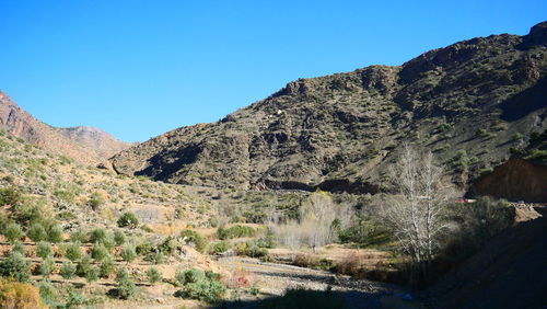 Scenic view of rocky mountains against clear blue sky