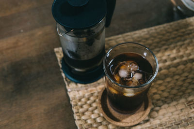 High angle view of coffee cup on table