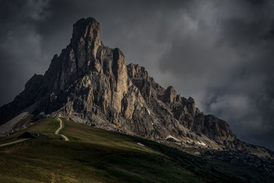 Low angle view of rocky mountains against cloudy sky