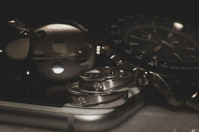 Close-up of clock on table