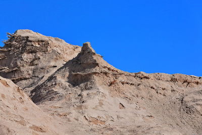 Low angle view of rock formations against clear blue sky