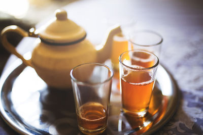 High angle view of tea in glass on table