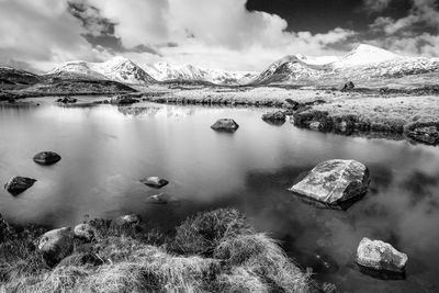 Scenic view of lake and snowcapped mountains against sky