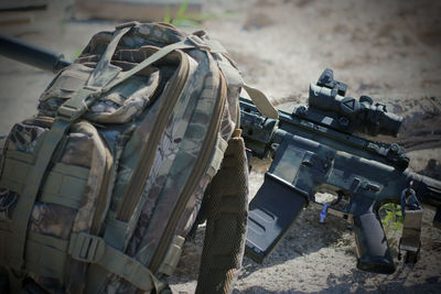 Close-up of motorcycle on field