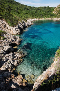 High angle view of sea and rocks