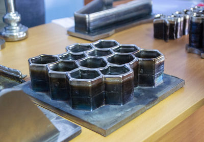 Close-up of chess pieces on table