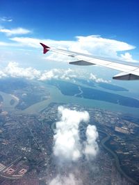 Aerial view of airplane flying in sky