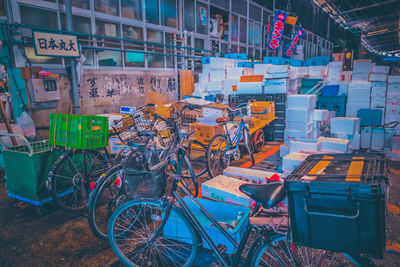 Bicycle parked in front of building
