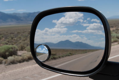 Reflection of trees in side-view mirror