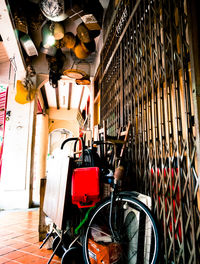 Bicycle hanging on clothesline