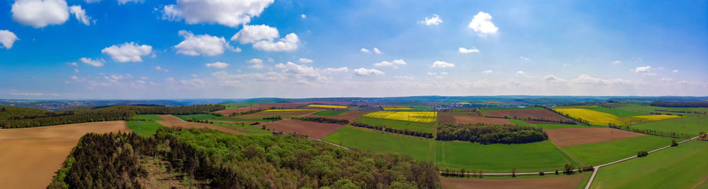 Panoramic view of agricultural field against sky