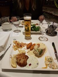 High angle view of food served on table