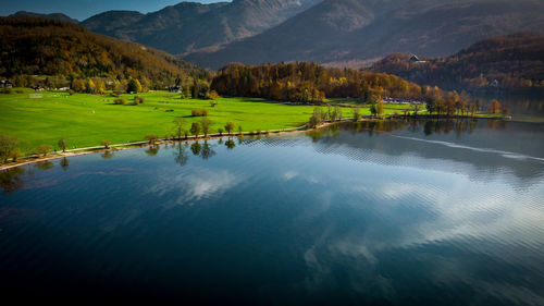 Scenic view of lake and mountains against sky