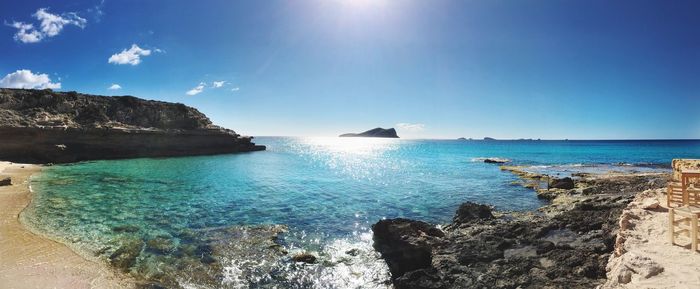 Scenic view of sea against clear blue sky