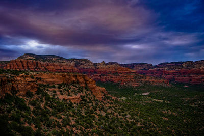 Rock formations on landscape against cloudy sky