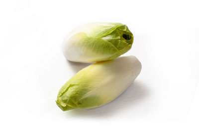 Close-up of green fruit against white background