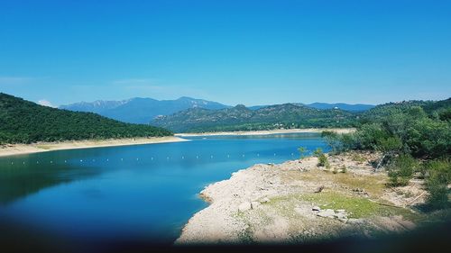 Scenic view of sea against clear blue sky