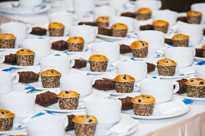 Full frame shot of cupcakes in plate on table